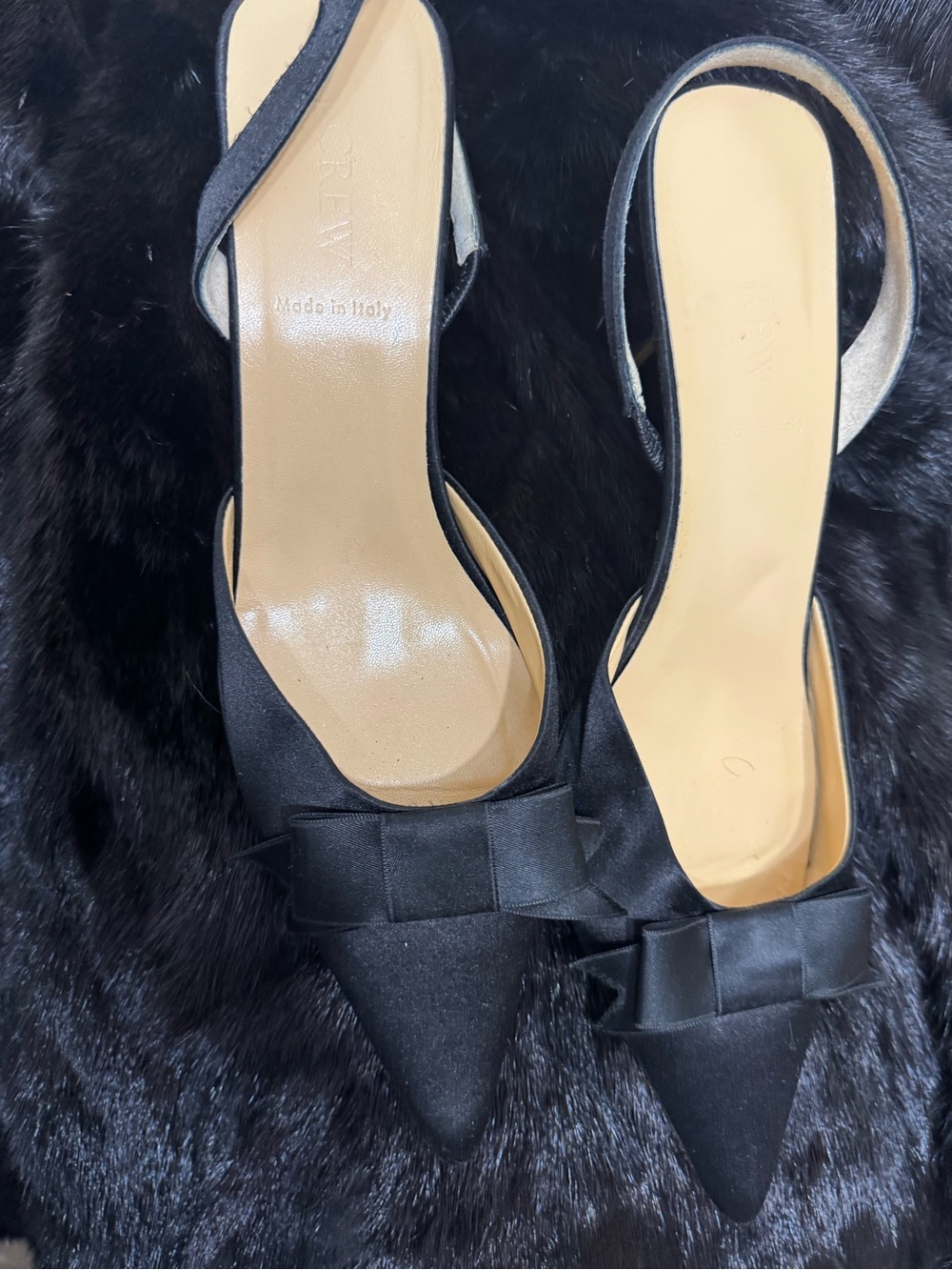 J.Crew Elegant Black Satin Bow Pointed Slingback Heels